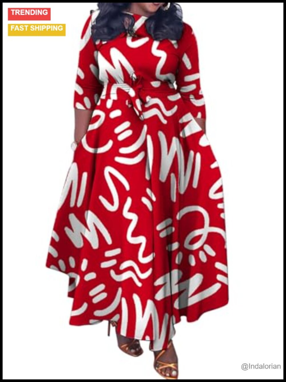 Plus Size Flowy Maxi Dress V-Neck 3/4 Sleeve Ruffled Hem Tie Waist